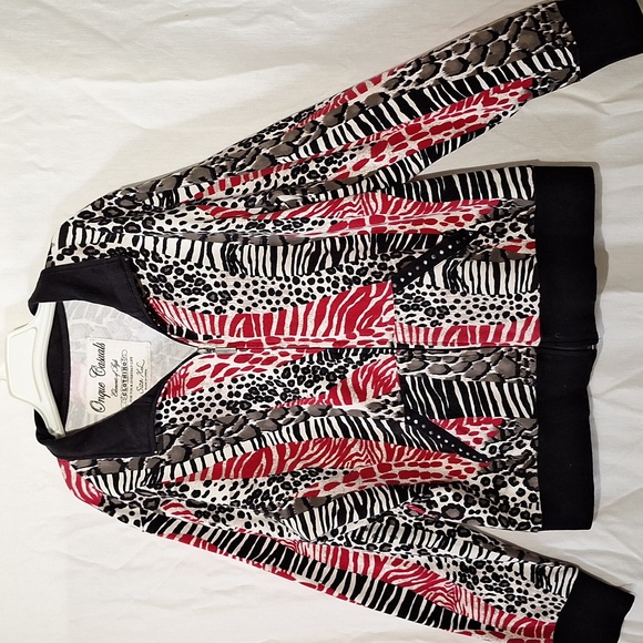 3/$20-Animal Print Bomber Jacket Cotton- Black, Red, White, Beaded, sz 14, NWOT - Picture 1 of 12